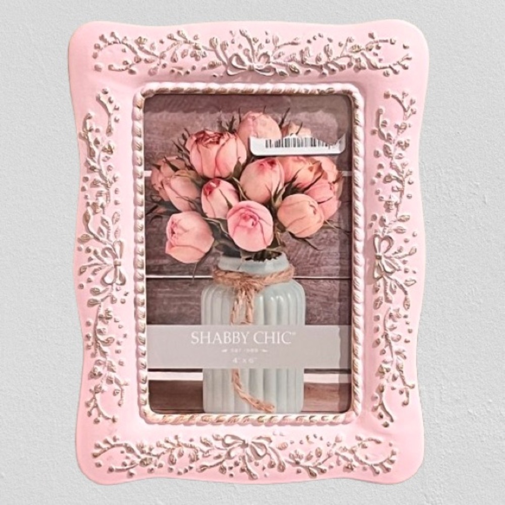 🆕 Shabby Chic- Coquette Dainty Gold Bow and Pink Picture Frame. 4x6